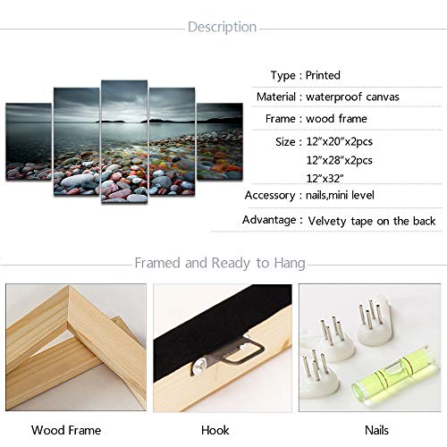 Sechars - Peaceful Ocean Large 5 Panels Colorful Stones Under Sunset Landscape Canvas Prints Wall Art For Home Decorations Framed Art Ready To Hang #TOP4