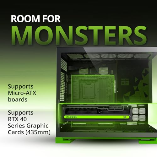Image of Geometric Future Model 3 Panoramic Tempered Glass Dual Chamber Micro-ATX Tower PC Case, 5 Pre-Installed 120mm x 30mm PWM ARGB Fans, USB Type-C, 360mm Radiator Support, Black /Green, GEO-M3F-BNV