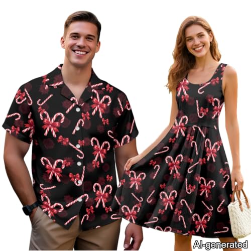 Image of Dreaweet Summer Dresses for Women A-Line Sleeveless Flowy Sun Dresses,Men's Casual Button-Down Shirts,Couple Matching Outfits