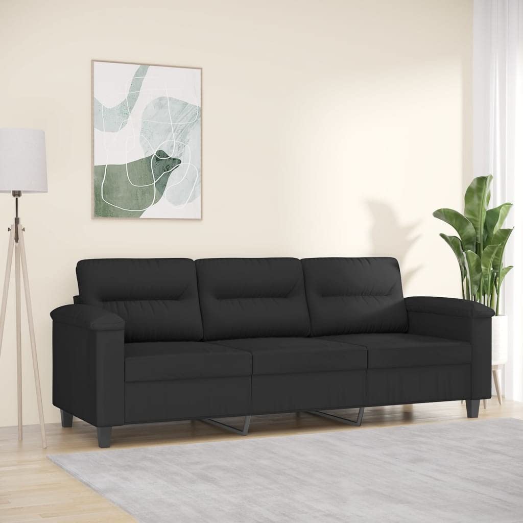 Homgoday 3-osobowa sofa, nowoczesne sofy do salonu, fotel do salonu z podłokietnikami poduszkami i poduszkami do siedzenia, wygodna sofa z mikrofibry czarna 180 cm