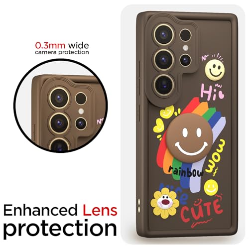 Image of Pikkme Back Cover for Samsung Galaxy S25 Ultra 5G | Soft Silicone| Cute Rainbow Smile & 3D Cartoon Flower Design | Shockproof Raised Camera Protection Bumper Case (Brown)
