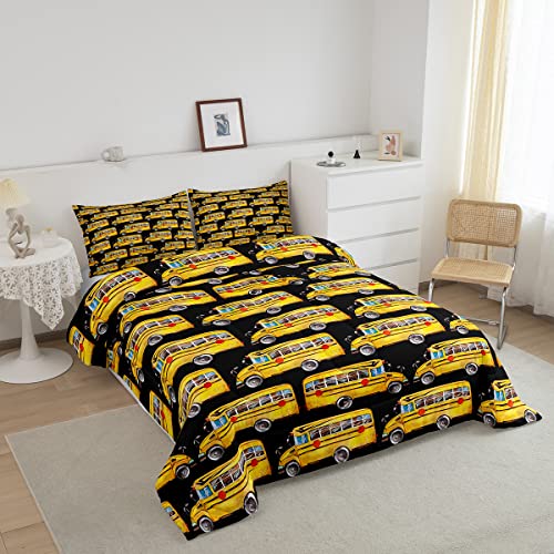 Erosebridal Yellow School Bus Bedding Set Vehicles Comforter Set Twin Size,Boys Cool Automobile Truck Transportation Duvet Insert For Kids Child Teens,Kids Car Theme Room Decor,Black #TOP1