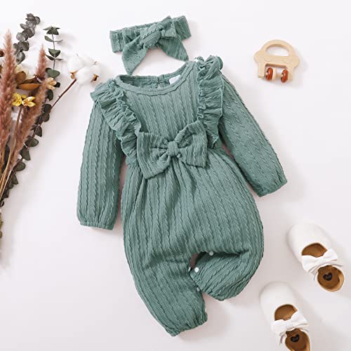 Happy Town Baby Girl Romper Infant Fall Winter Clothes Ruffle Sweater Long Sleeve Bodysuit Jumpsuit And Headband (Green, 0-3 Months) #TOP1