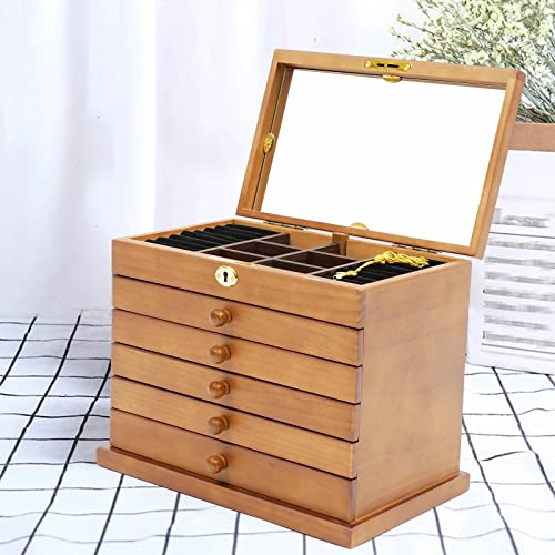 DiLiBee Schmuckschatulle mit 6 Ebenen, Schmuckkästchen aus Holz mit Spiegel und Schloss, Schmuck Aufbewahrungsbox mit 5 Schubladen Foralen Schnitzereien Exquisit Geschenk (Farbe : Braun) Cover