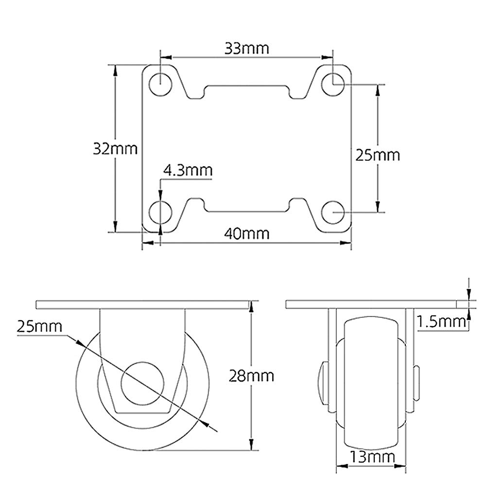 Ruote girevoli per mobili silenziose Piccole da 25 mm, Ruote fisse per cassetti, Set da 4, Ruote girevoli con Portata di 40 kg, Piastra di Montaggio allargata, cuscinett
