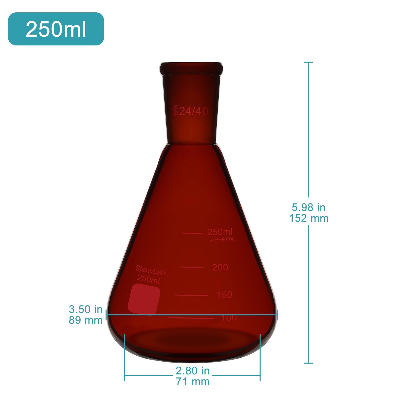 stonylab Matraccio Erlenmeyer Ambra con Giunto Esterno Conico Standard 24/40, Matraccio in Vetro Borosilicato a Parete Spessa, 250 ml, Ideale per Mescolare, Riscaldare e Esperimenti in Laboratorio