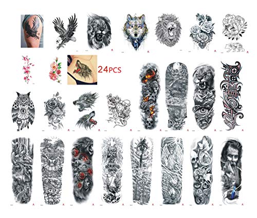 Large Full Half Arm Temporary Tattoos (24PCS), Waterproof Watercolor Men Women Body Art Sticker Chest Shoulder Back Hand, Lion Wolf Eagle Owl Girl Rose Flowers, Beach Pool Party Supplies Selfie; T7
