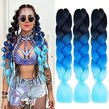 Ombre Braiding Hair Extensions High Temperature Synthetic Hair 3 Tone Color for Twist Braids Box Braids Crochet Hair (Black-Blue-Light Blue 24' 3PCS)