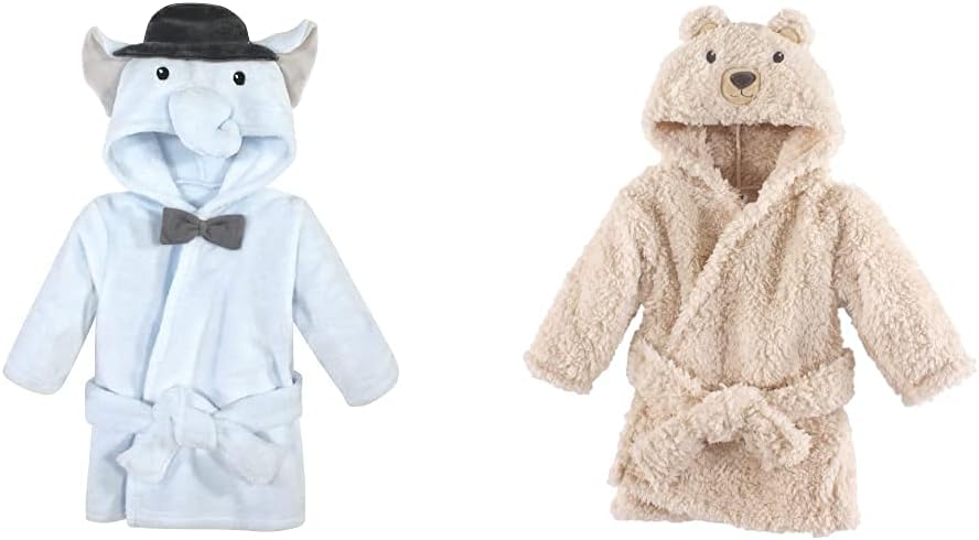 Hudson Baby Boy Plush Animal Face Bathrobe 2-Pack, Blue Elephant Zebra