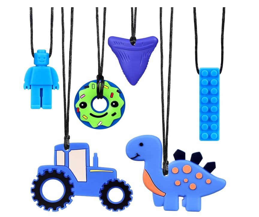 WGIDSKKI 6 Piezas Mordedor Autismo, Collar de Silicona para Masticar en 6 Formas, Mordedor Bebe Refrigerante para Dentición, Niños TDAH y Necesidad de Morder (azul)