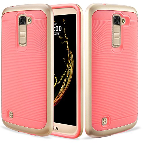 LG K10 Case, ATUS - Slim Dual Layers [ Shockproof ] Textured Pattern Grip Cover + Screen Protector and Stylus Pen (Coral Pink/Gold)