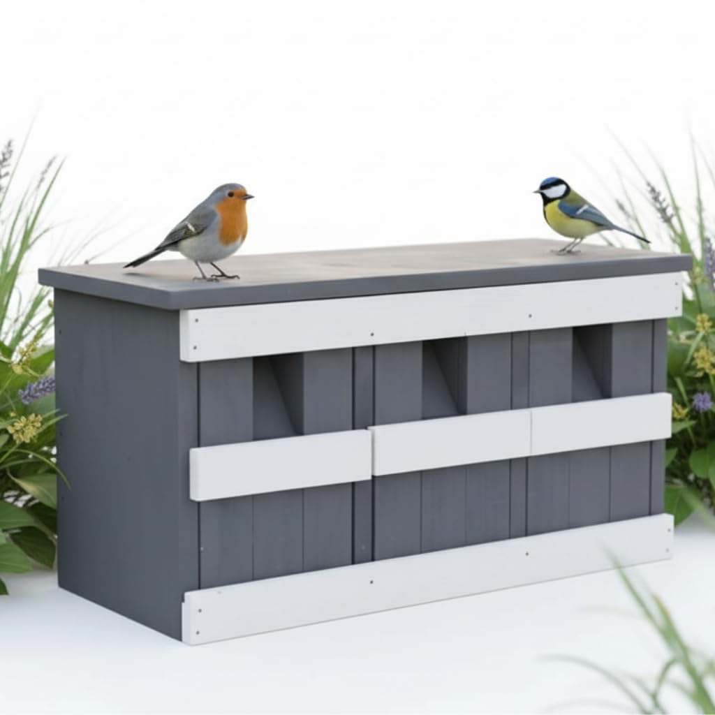Mucola Nistkasten Vogelhaus 3 Nistkammern für Spatzen 44x15,5x21,5 cm Grau | Nisthilfe für Koloniebrüter, Meisen und Sperlinge, Reinigungsklappe je Kammer, Holz, metallverstärkte Halterung