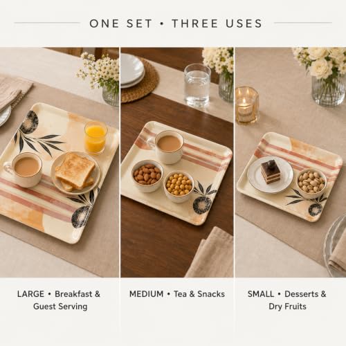 Image of Printed Rectangular Melamine Serving Tray| Tray for Serving Tea, Coffee, Snacks | Break Resistant| Double Laminated | Multi-use | Easy to Clean| | Tray Set of 3 (Small, Medium, Large)(Rose)