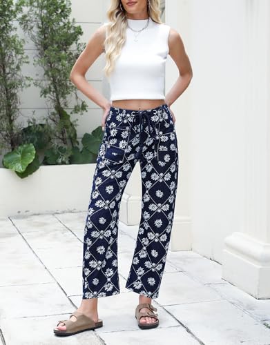 Kedera Women Printed Barrel Jeans High Waist Drawstring Denim Pants Wide Leg Printed Horseshoe Jeans with Pockets2