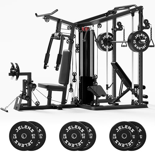 JELENS Home Gym System, 150LB Weight Stack Smith Machine with LAT Pull-Down & Leg Press, All-in-One Strength Training Equipment, Workout Station for Workout (Black, 140LBS Black Weights Package)