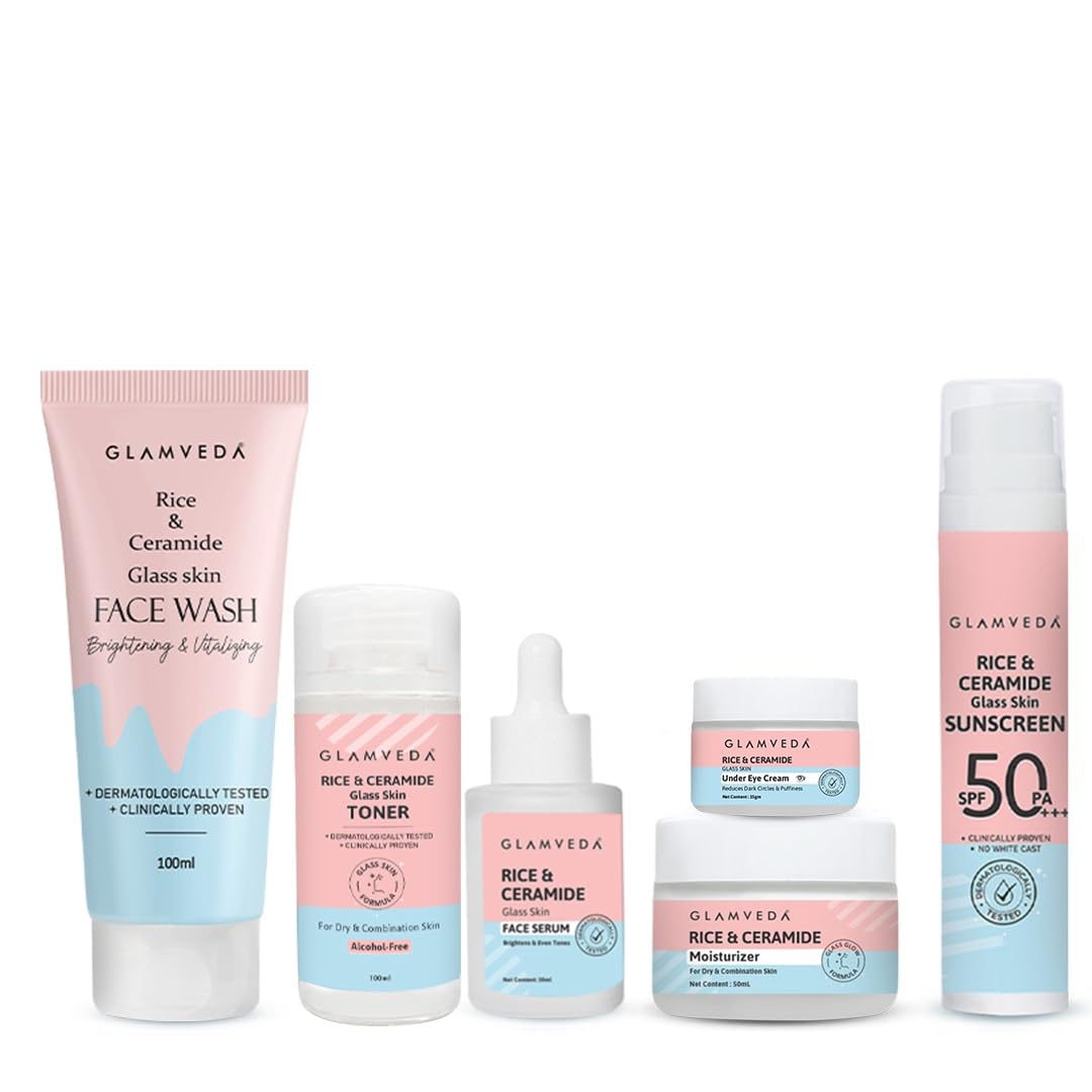 Korean Glass Skin Rice Ceramide 6 Step Skincare Kit for Glowing Skin | Face Wash, Face Serum, Moisturizer Cream, Toner, Sunscreen SPF 50 PA+++, Under Eye Cream | Skincare Gift Set for Woman