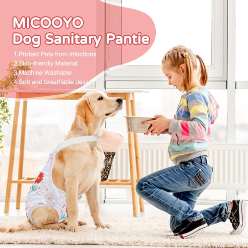 MICOOYO Hundewindel, Einteiler, Sanitärhöschen, Wiederverwendbare Hundewindeln für Hunde Welpen, waschbare Hundehose mit verstellbarem Hosenträger, Blumen, M