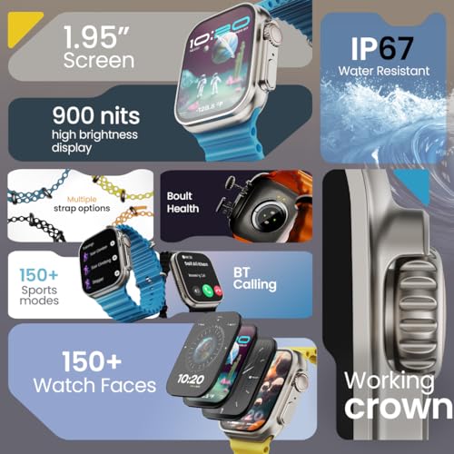 Image of Boult Crown Smart Watch 1.95'' Display, Bluetooth Calling, Working Crown, Zinc Alloy Frame, 900 Nits Brightness, AI Voice Assistant, SpO2 Monitoring, 100+ Sports Mode (Silver)