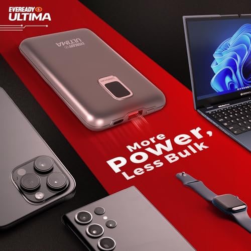 Image of Eveready Ultima Power Bank PB 20, 10,000mAh, 22.5W Fast Charging, Dual Output, USB-C & USB-A, Overcharging Protection, Compatible with iPhone, Android & Qi Devices, Includes Cable & Warranty, Black