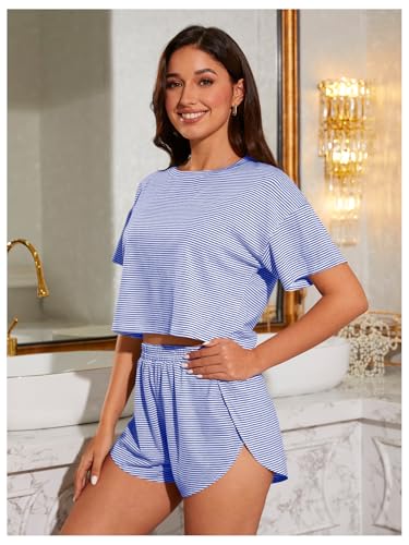Image of OYOANGLE 2 Pack Pajama for Woman Set Summer Cute PJ Sets Striped Short Sleeve Tshirt and Split Shorts Lounge Set