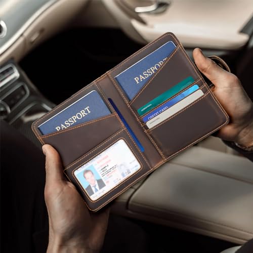 Image of Polare Full Grain Leather Slim and Soft RFID Blocking wallet For Men Snap Bifold Travel Wallet Passport Holders 2 Passports, Dark Brown with AirTag Slot, Slim