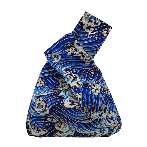 Image of Stylish Cotton Japanese Pattern Wrist Bag Sleeve Knot Pouch Portable Canvas Tote Purse for Female, Women (Wave)