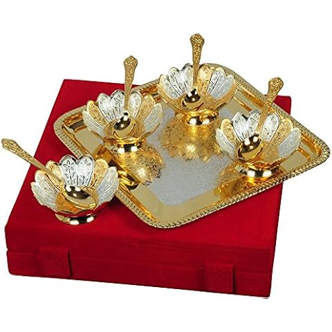 Jaipur Ace Silver And Gold Plated Floral Shaped Brass Bowl 9 Pcs Set Cover