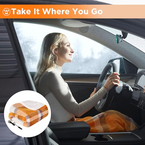 Image of Westinghouse Heated Car Blanket, 12-Volt Electric Blanket for Car, Truck, SUV, RV, Portable Heated Throw for Camping, Orange Buffalo Plaid, 59 inch x 43 inch
