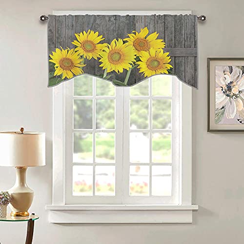 Cameon Sunflower Scalloped Window Valance Curtains - Helianthus Sunflowers Energy Rod Pocket Treatment Tier Curtain For Kitchen/Bathroom, Brown Yellow Green, (W36 Inch X L18 Inch, K91 X H46Cm) #TOP1