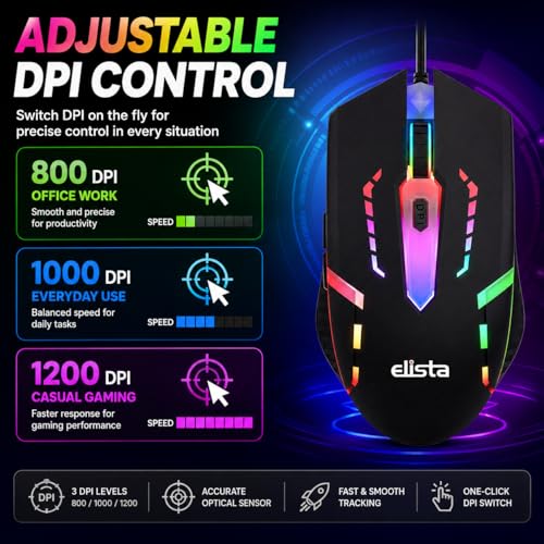 Image of Elista RGB Wired Mouse for Laptop & PC | 3 DPI Levels (800 /1000 /1200) | USB Plug & Play | LED Light Mouse | Ergonomic Design | Budget Gaming Mouse