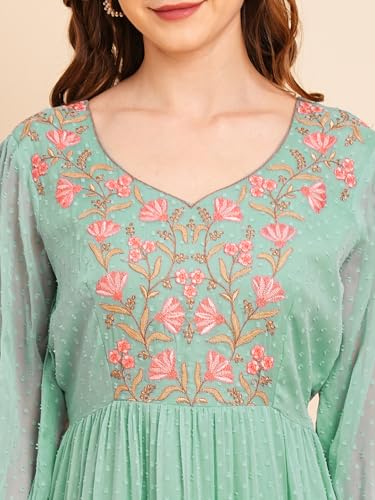 Image of RATAN Women's Floral Embroidered Puff Sleeve Chiffon Flared Tiered Kurta Gown Maxi Dress
