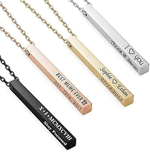 Mandore Designs Personalised Engraved Name Vertical Bar Necklace Pendant Customised Gift for Women (One Side Engraving, Silver)