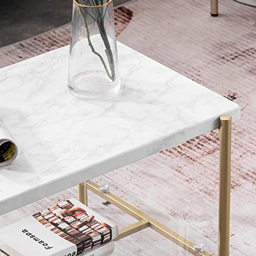 Vingli Champagne Gold White Faux Marble Table Top With Glass Bottom, Unique Cylindrical Legs Combined Rectangular Coffee Table Design For Living Room, 2-Tier Storage Sturdy Metal Frame,36" Airy #TOP4