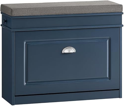 Miniatura 18 de Haotian Banco de Zapatos de Pasillo Blanco, Zapatero Estrecho de Entrada, Pequeño Armario de Zapatos con 1 Cajón Abatible y Cojín de Asiento,