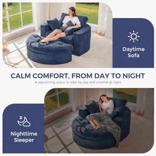 Image of MAXYOYO Oversized Round Chaise Lounge Sofa, Boneless Chair with Ottoman