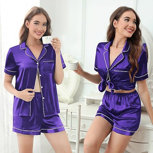 Image of Silk Pajamas for Women Satin Womens PJ Set 2 Piece Short Lounge Set Summer Sleepwear Notch Collar Button-Down Pjs