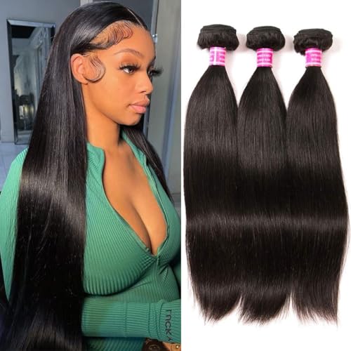 Straight Bundles Human Hair 12 14 16 Inch Human Hair Bundles Raw Thick Straight Hair 12A 100% Unprocessed Brazilian Virgin Hair Extension Double Weft Weave Natural Black, Keep Texture Silky Soft