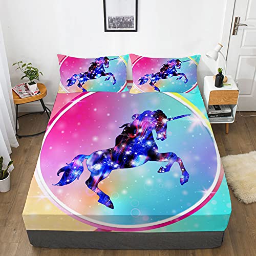 Xiaoleyu Kids Unicorn Bed Sheets Set Twin Size 3D Colorful Rainbow Galaxy Sheets Set Luxury Soft Microfiber Single Sheets, 2Pcs (1 Deep Pocket Fitted Sheet+1 Pillowcases) #TOP1