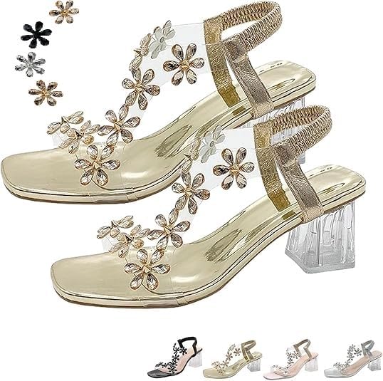 Women's Flower Rhinestone Block Heel Sandals, Square Toe Flower Rhinestone Transparent Chunky Heel Sandals (10,3)