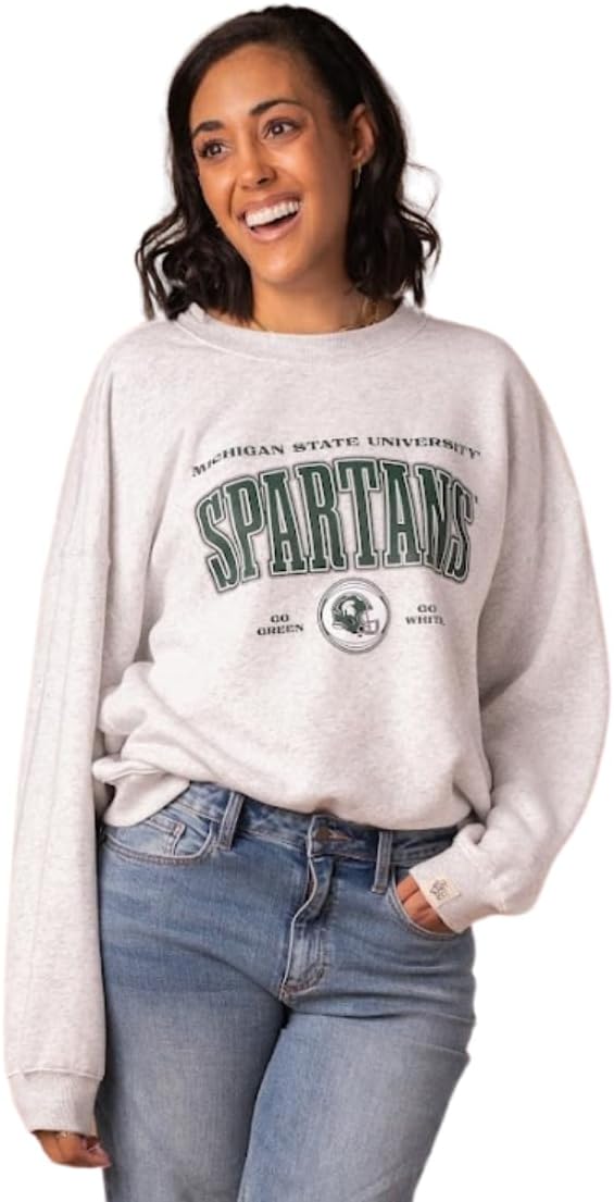 Fan Girl Michigan State Women’s Spartans Vintage Oversized Crewneck Sweatshirt, MSU Apparel, Ash Grey, Sizes S-3XL