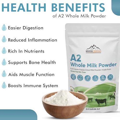 MOUNTAIN ESSENTIALS A2 Whole Milk Powdered Milk 8.8 Oz – Full Cream, Freeze Dried, Gluten Free, Shelf Stable, Non-GMO – Made From Grass-Fed Gir Cow – Easy To Digest – For Cooking & Baking