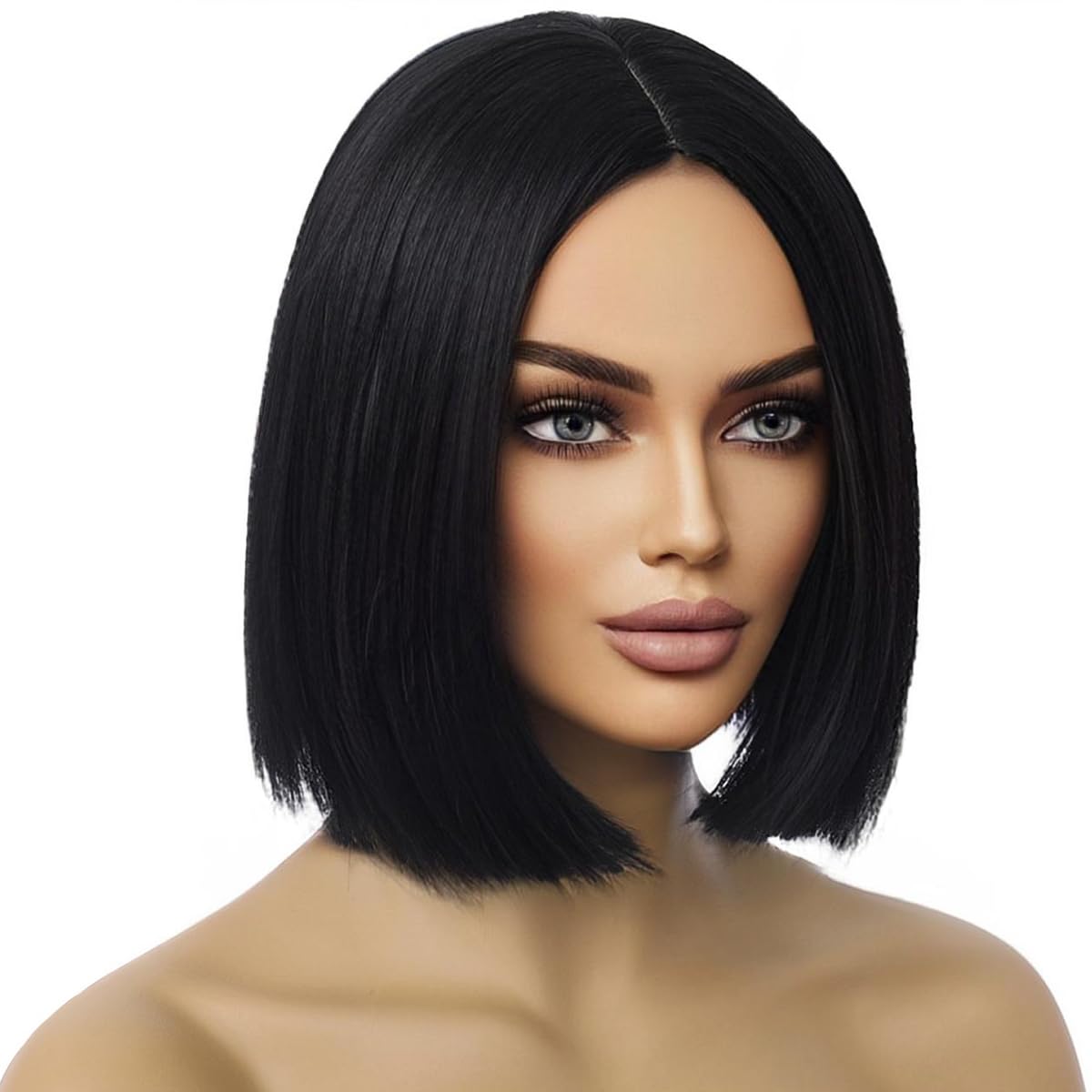Black Wig Bob Wig Short Straight Hair Wigs Middle Part Black Wigs for Women Synthetic Heat Resistant Halloween Costume Party Wig with Hair Cap