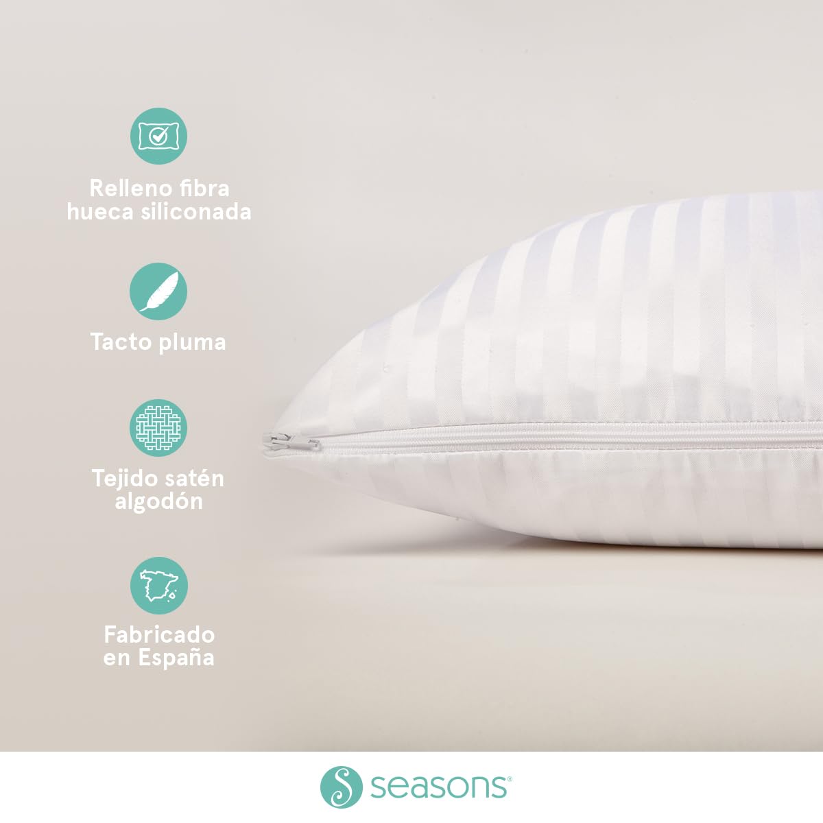 SEASONS - Almohada de Fibra con Tacto Pluma, 150 cm, Antiácaros, Tejido Satén Algodón, Ligera y Transpirable, Doble Funda, Tratamiento con Limpieza de Ozono, Fabricado en España