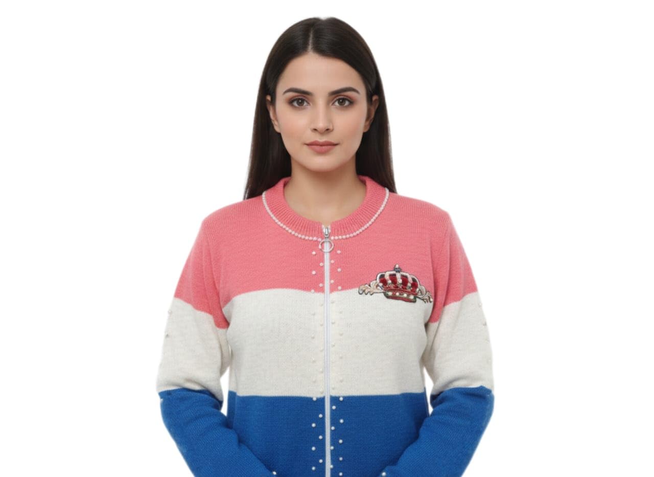 Women Colorblock Zip-Up Sweater, Full Sleeve Winter Wear Cardigan, Soft and Warm Casual Knitwear, Pink Beige Blue-picture-56