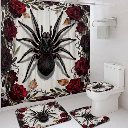Set di tende da doccia con motivo ragno, gotico con rose scure e foglie, in tessuto impermeabile, per Halloween, colore nero, tenda da doccia e tappeto per vasca da bagno, decorazione per camera degli