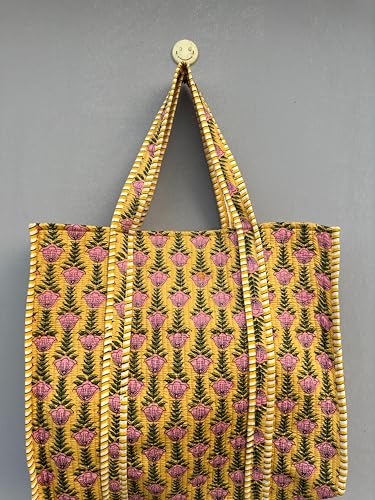 Image of Quilted Cotton Handprinted Reversible Large multicolor Floral Tote Bag,Hand Block Print Shopping Shoulder Carry Bag