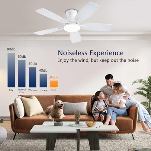 Image of JSAITEE Ceiling Fans with Lights, 42 Inch Low Profile Ceiling Fan with Light and Remote Control, Flush Mount, DC Reversible Motor, Noiseless, White 6 Speeds Ceiling Fan for Bedroom