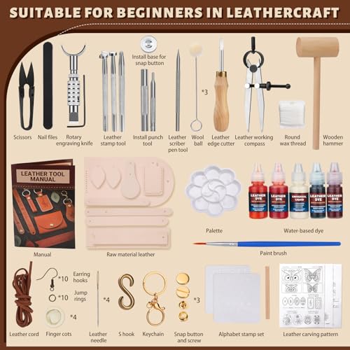 Leather Crafting Kit: Leather Working Tools and Supplies for DIY Craft Beginners Stamping Dyeing Carving Sewing Edge Sealing with Video Tutorials for Earrings Wallet Keychain Wristband Bookmark