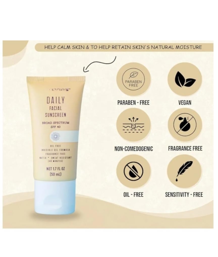 T'J's Daily Facial Sunscreen Broad Spectrum SPF 40 Oil Free Invisible Gel Formula Fragrance Free Water Sweat Resistant, 1.70 Fl Oz (Pack of 1)