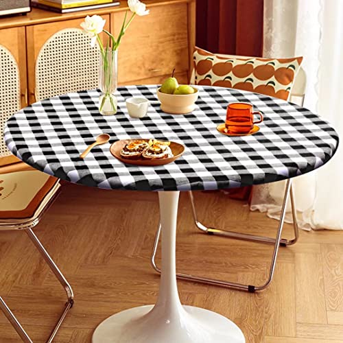Fitable Vinyl Fitted Round Table Cover With Elastic, Black And White Checkered Tablecloth With Flannel Backing Plaid Table Cloth For Indoor Outdoor Picnic Party (Fit For 45"-56" Round Tables) #TOP6